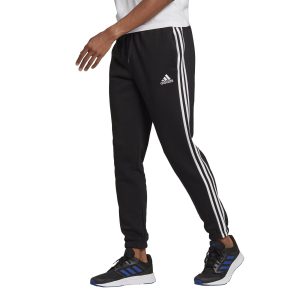 Mens Essentials Fleece Tapered Elastic Cuff 3-Stripes Pants Black