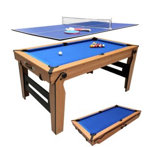5ft Folding 2 in 1 Pool Table with Table Tennis Top with Blue Cloth/Oak Finish